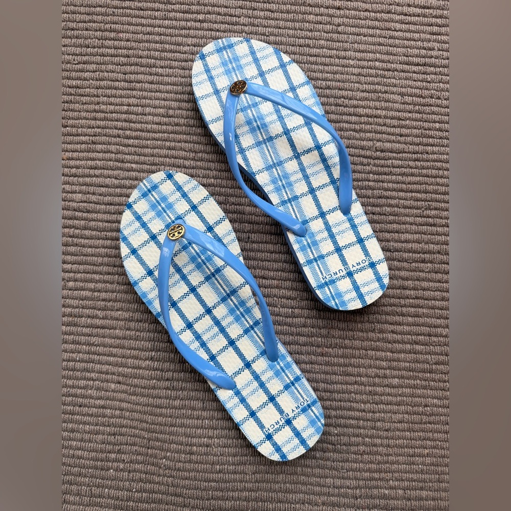 Tory Burch Light Blue and White Plaid Sandals